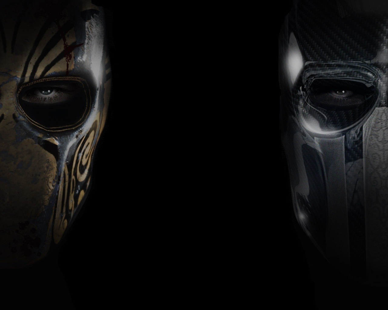 Два лица в масках, черный фон