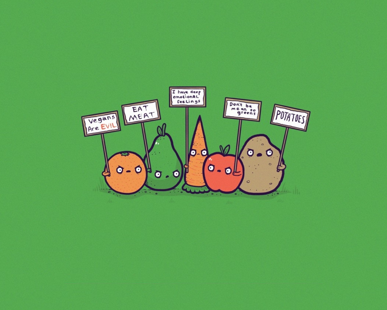 Овощи проводят митинг, зеленый фон