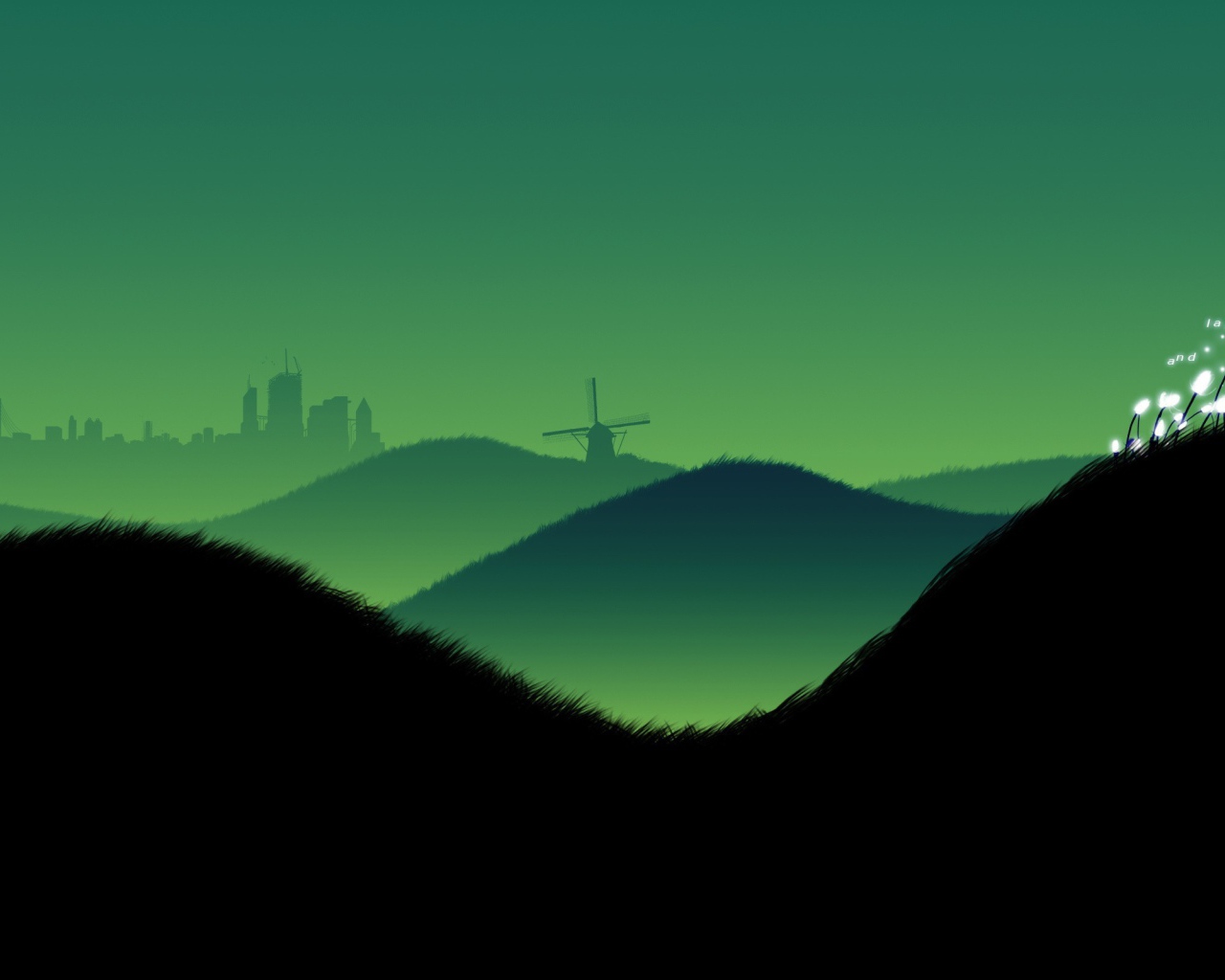 Ветряк на холме, черно зеленый фон