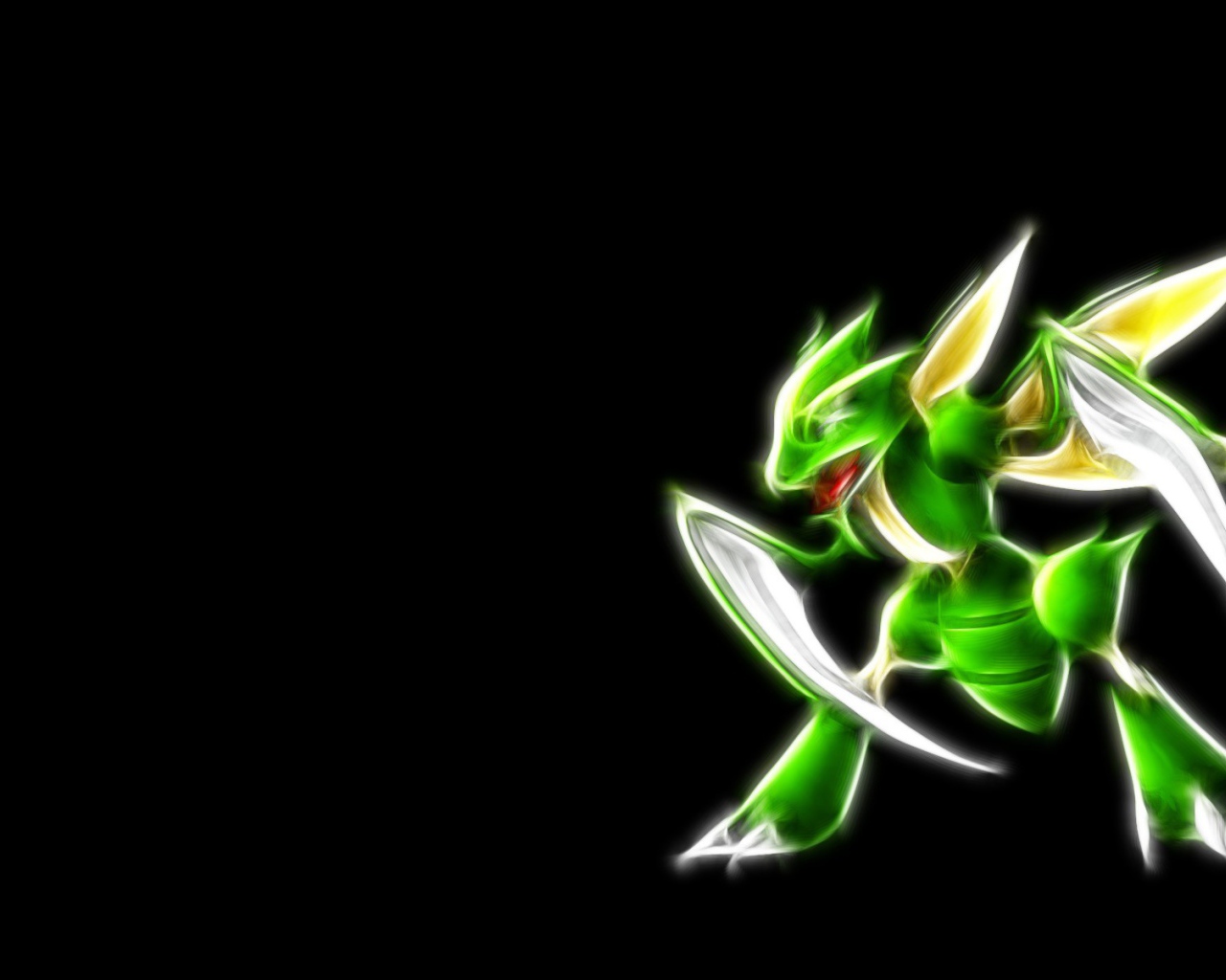 Зеленый покемон Фракталиус на черном фоне