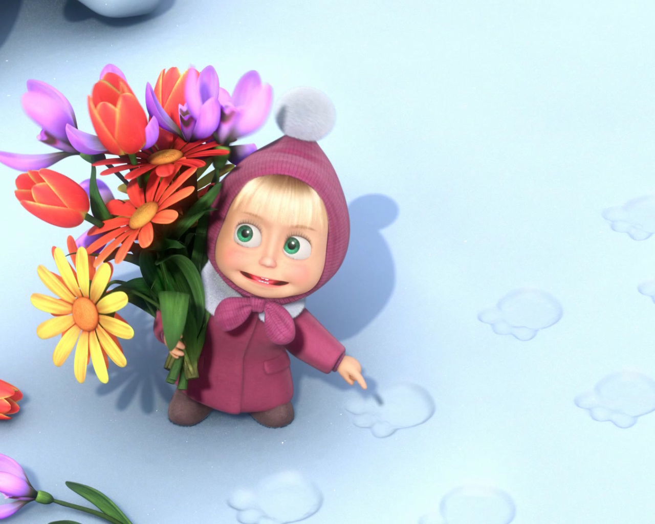 Маша с букетом цветов, мультфильм Маша и медведь