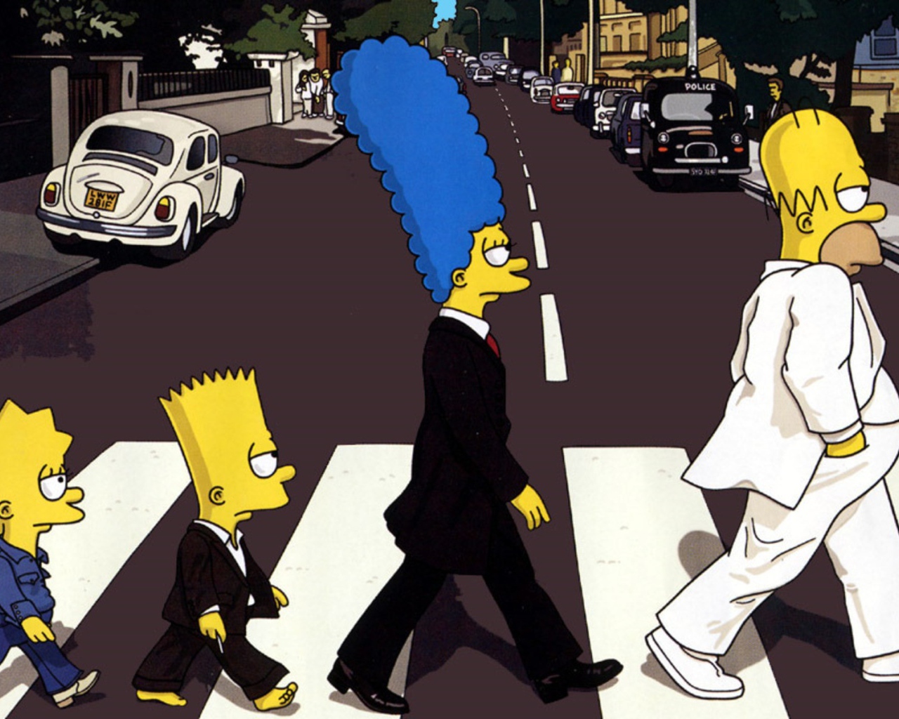 Семья Симпсонов в костюмах переходит дорогу