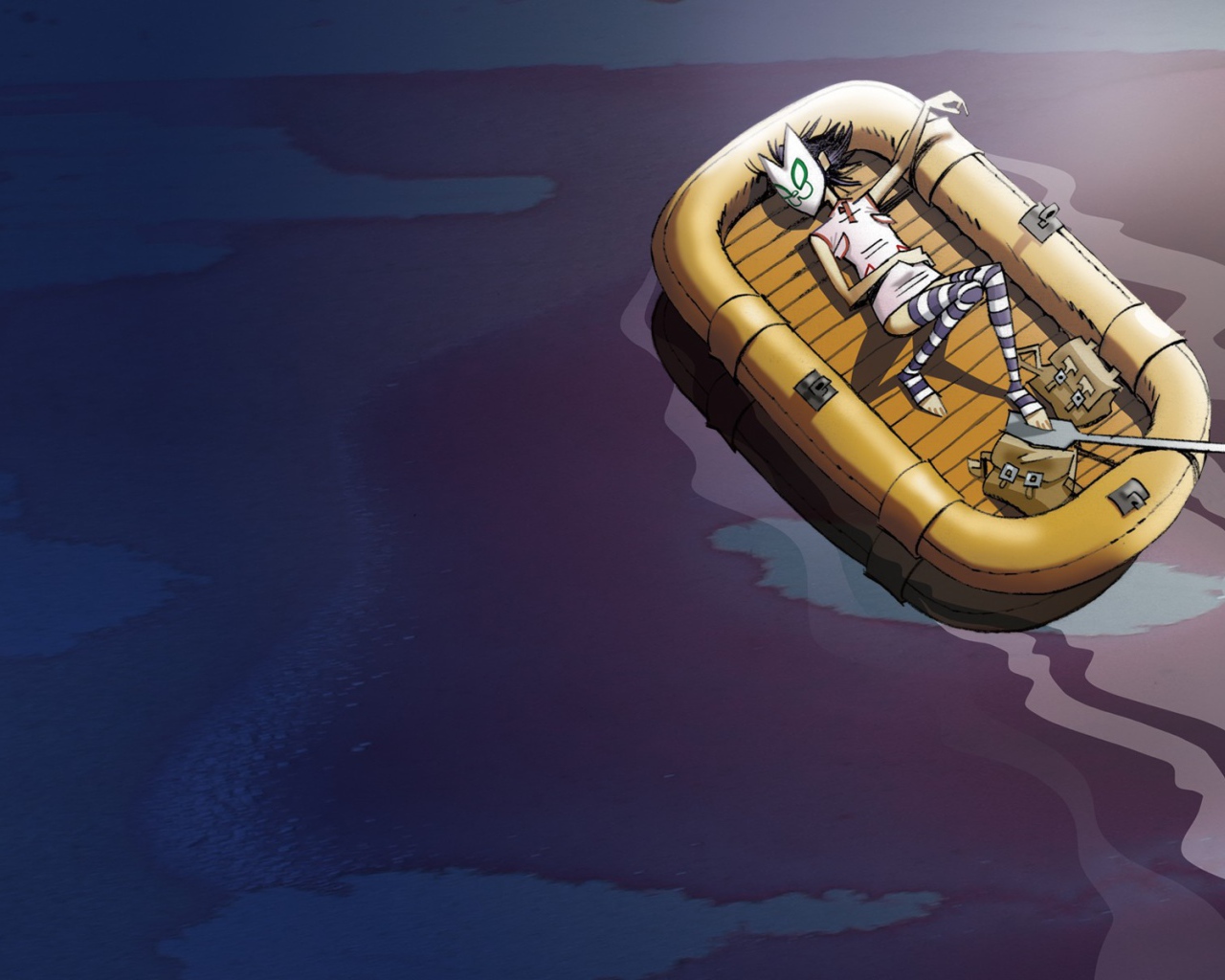 Человек в маске спит в надувной лодке, мультфильм