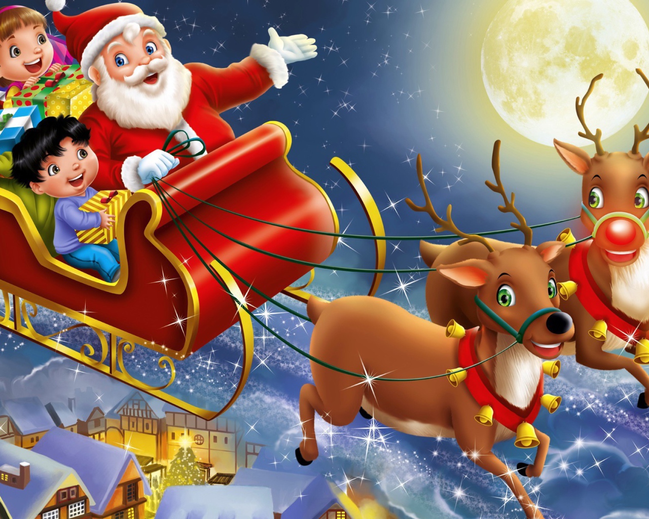 Санта клаус с детьми на оленях