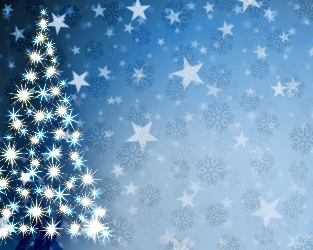 Елка на фоне звезд и снежинок