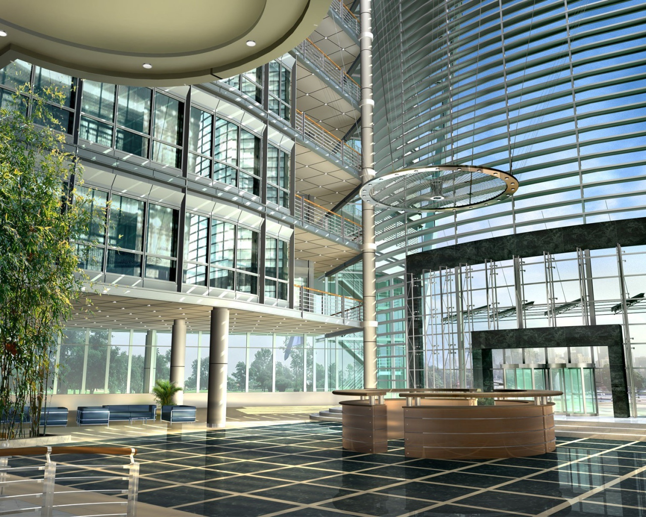Интерьер холла стеклянного здания
