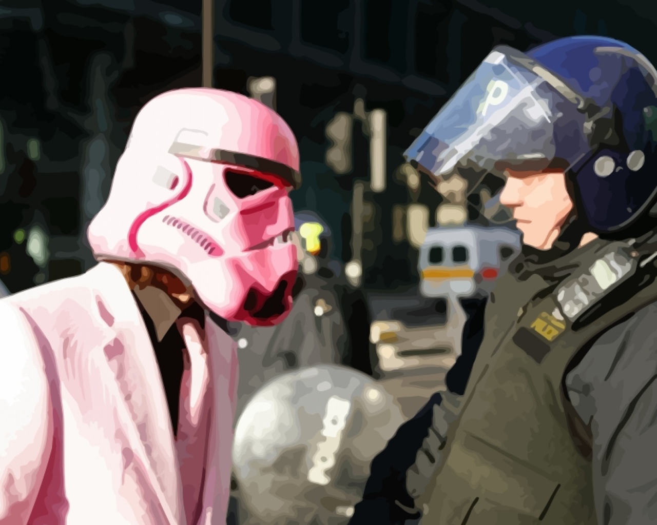 Полицейский и человек в розовой маске Дарта Вейдера