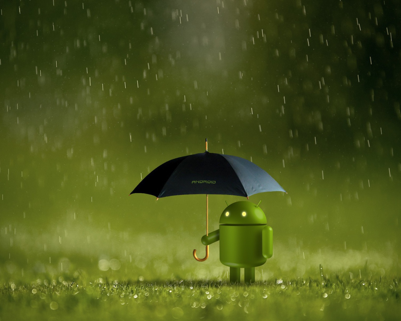 Андроид прячется от дождя под зонтом