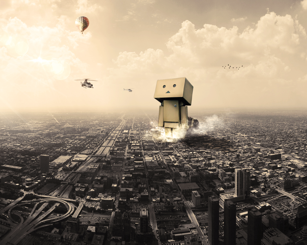 Картонный человек разрушает город