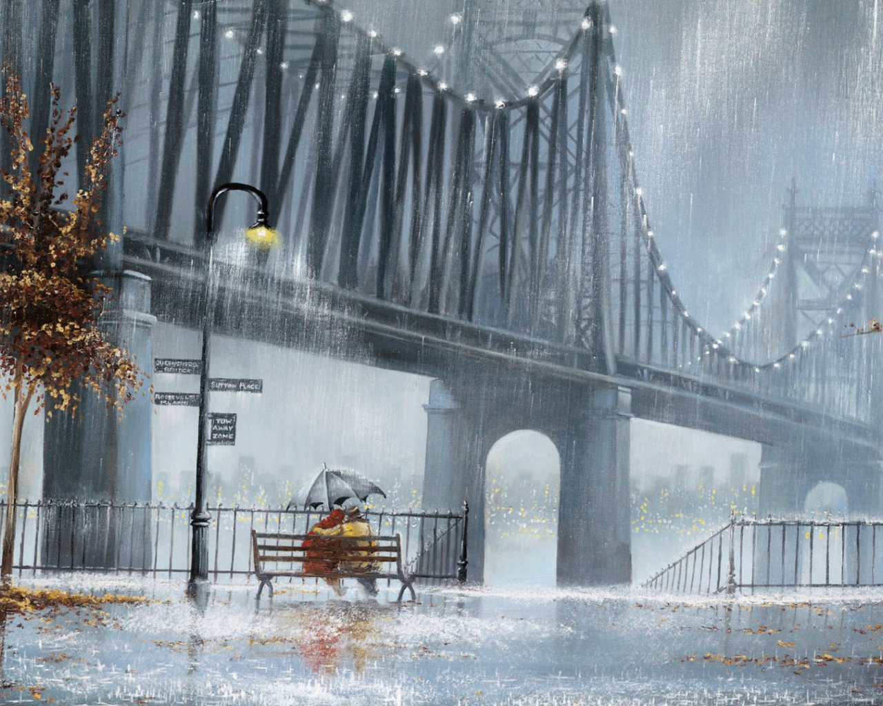 Влюбленные у моста под дождем