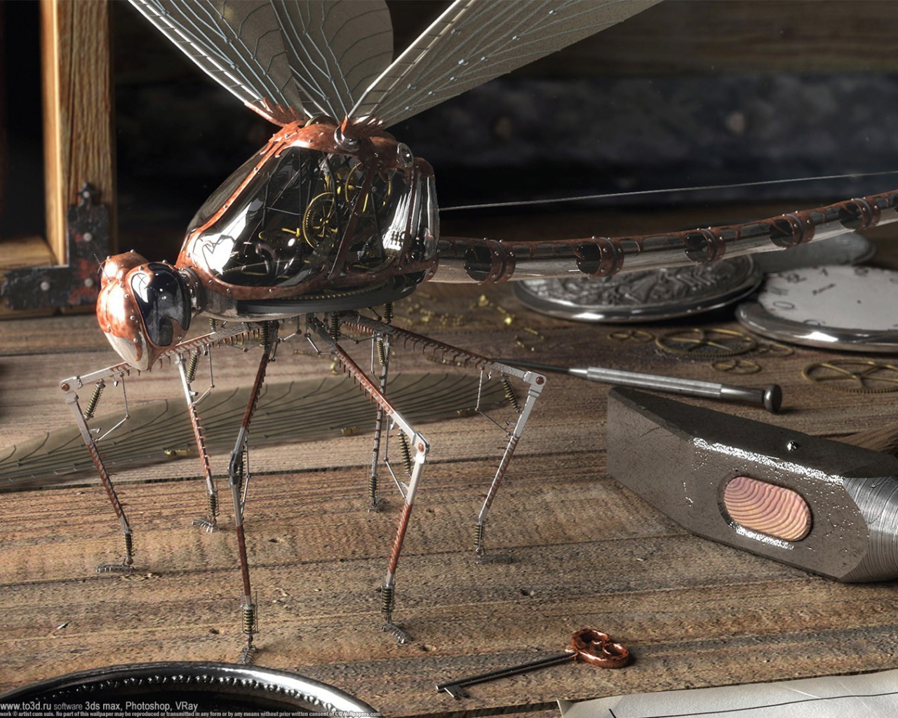 Механическая стрекоза в мастерской