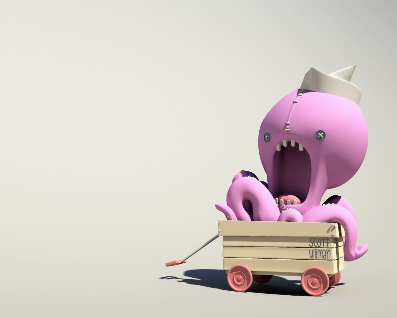 Розовый осьминог на тележке