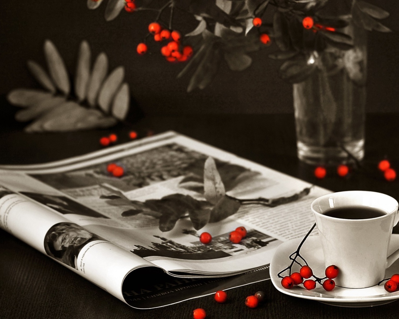 Ягоды рябины на столе и журнале