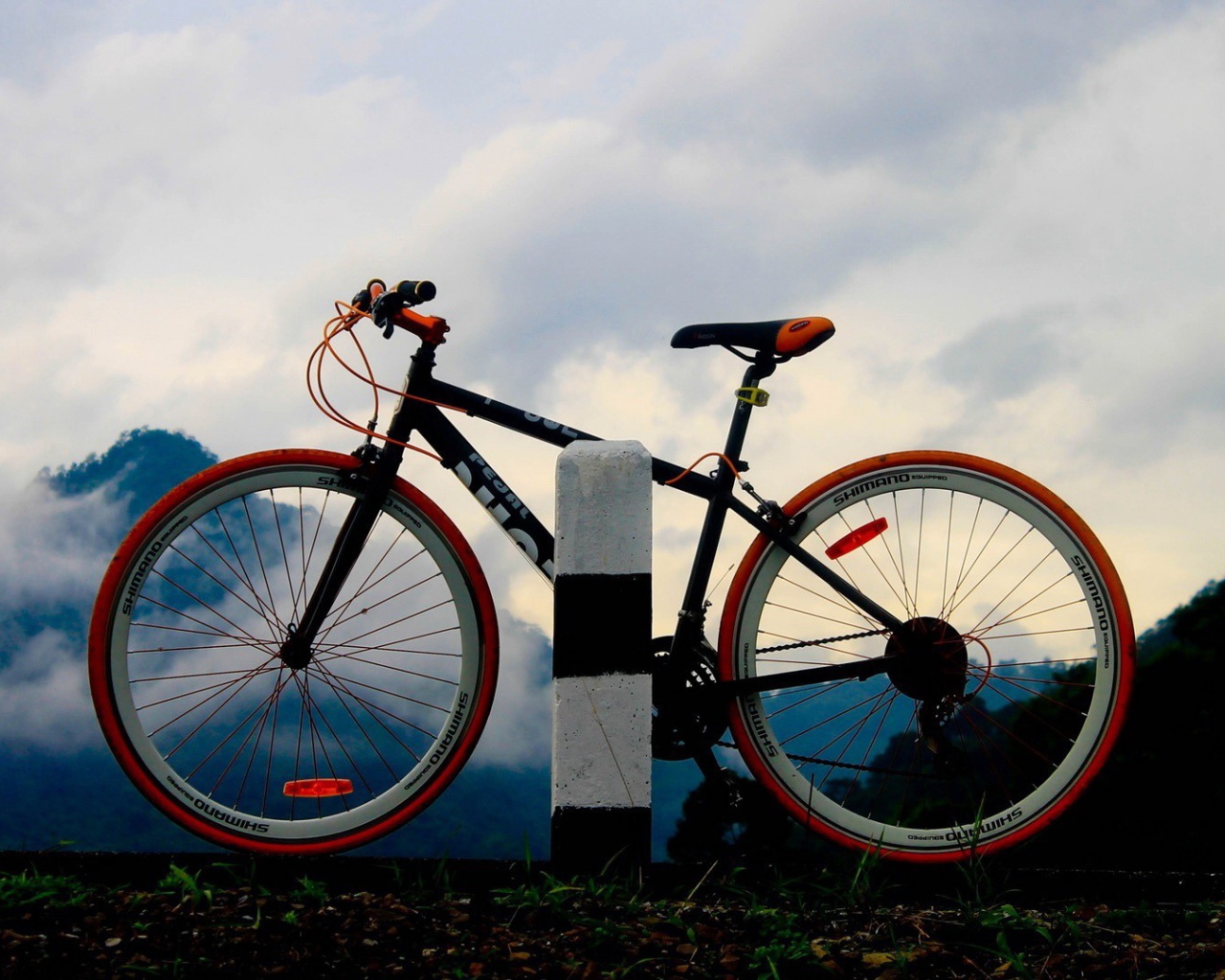 Спортивный велосипед у дорожного столбика