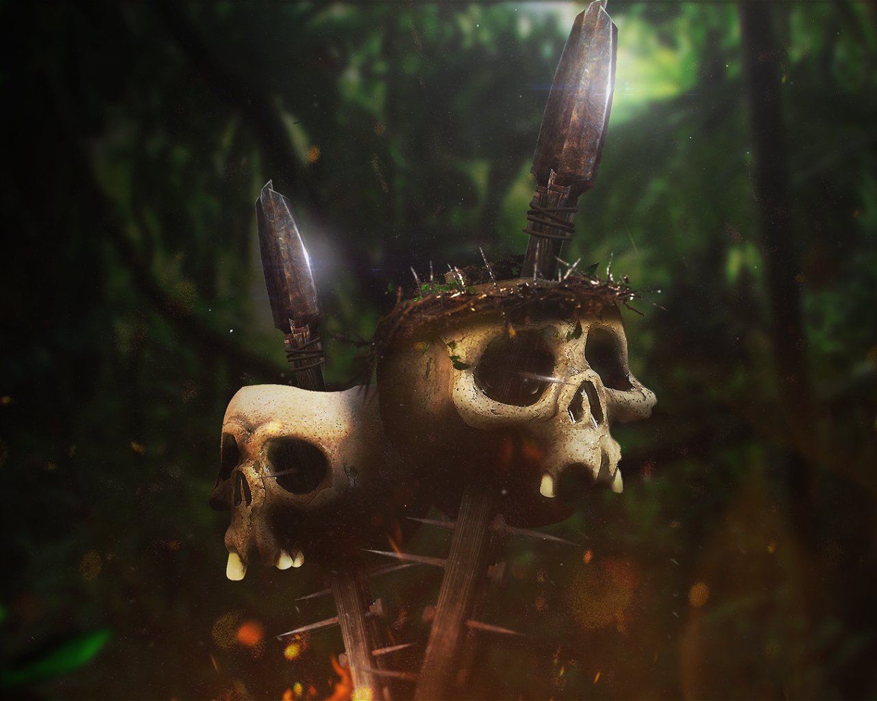 Черепа на копьях в джунглях