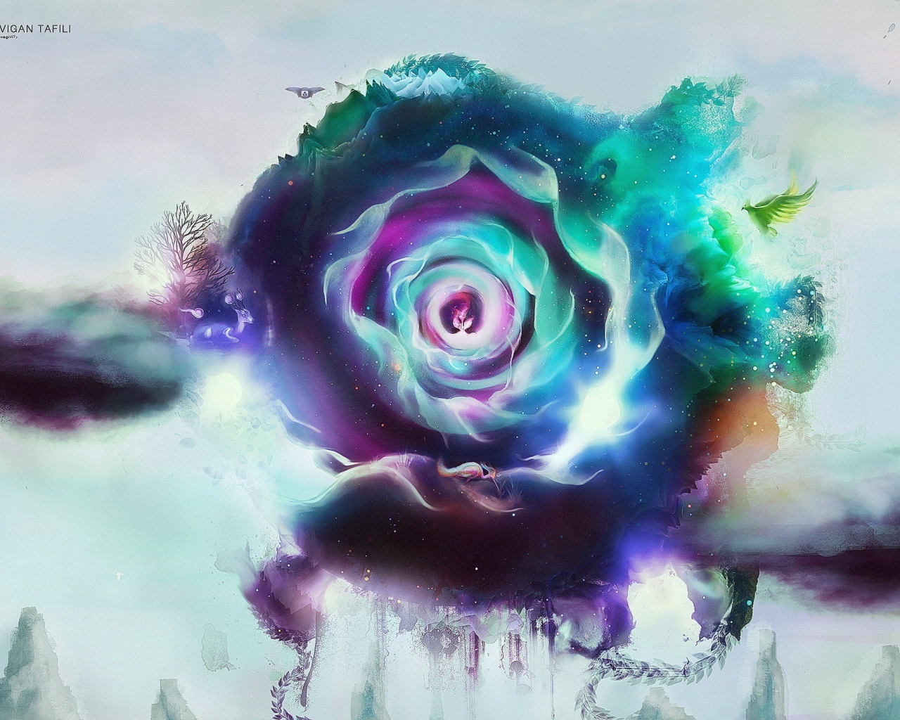 Вершины гор и птица