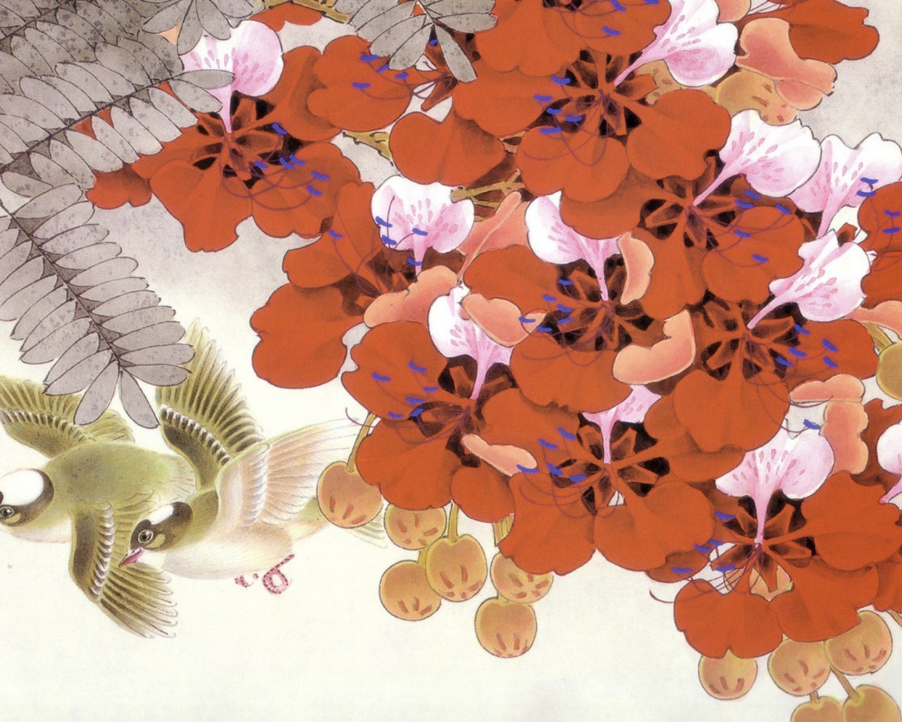 Птицы среди красных цветов, японская живопись