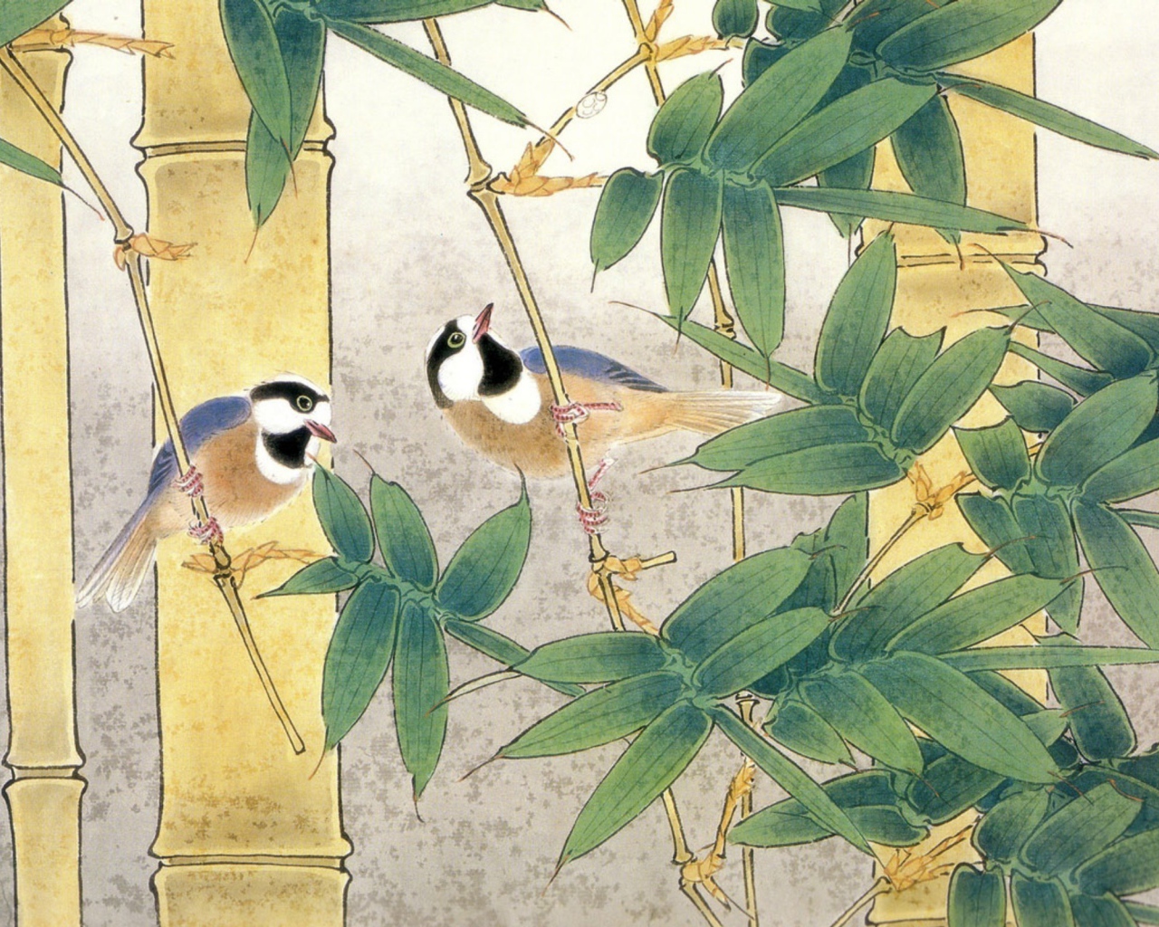 Птицы среди бамбука, японская живопись