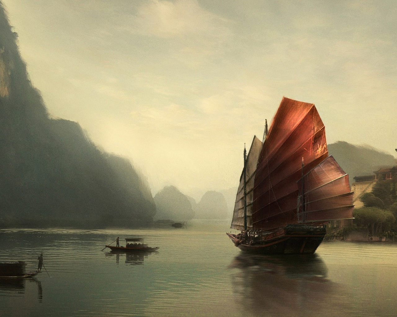 Китайская джонка на озере