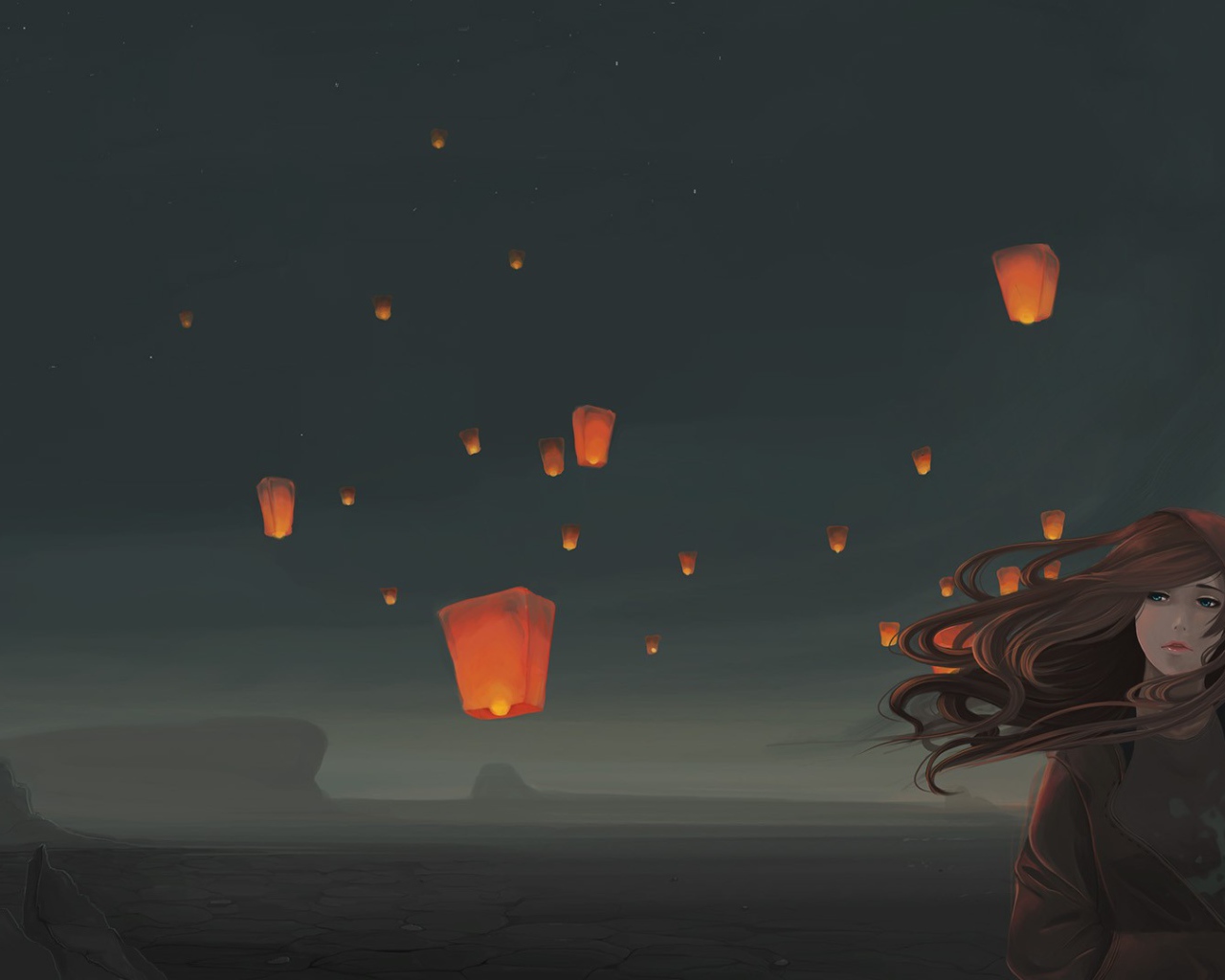 Китайские фонарики за спиной у девушки