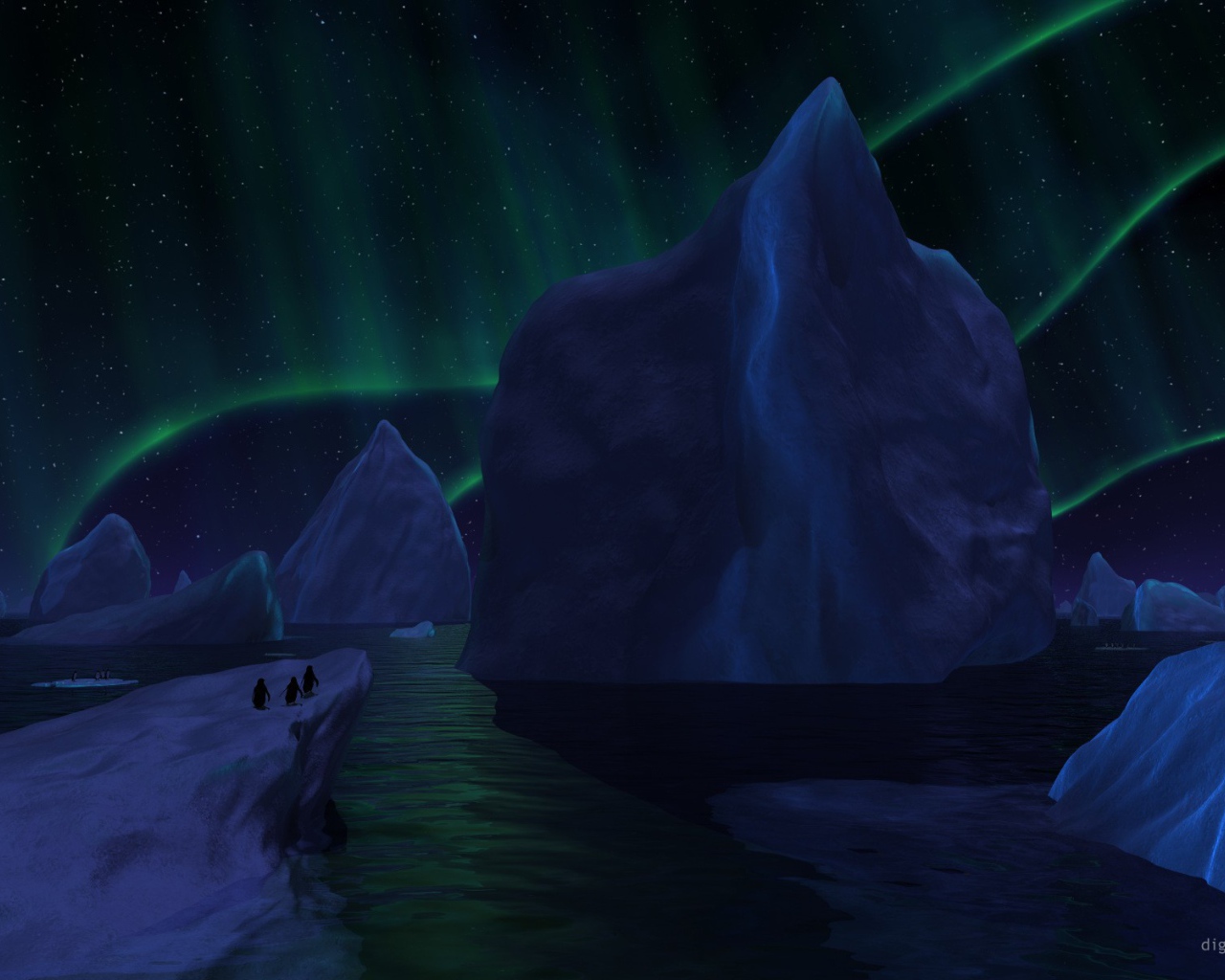 Айсберги под северным сиянием