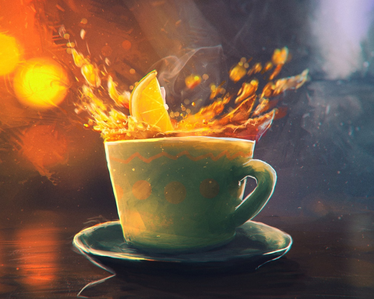 Долька апельсина падает в чашку, рисунок