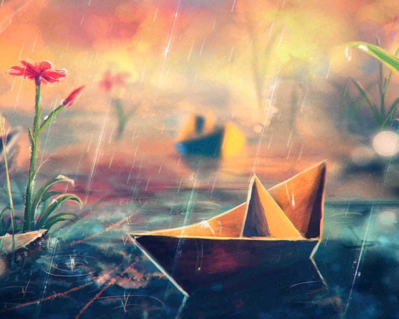 Бумажный кораблик под дождем, рисунок