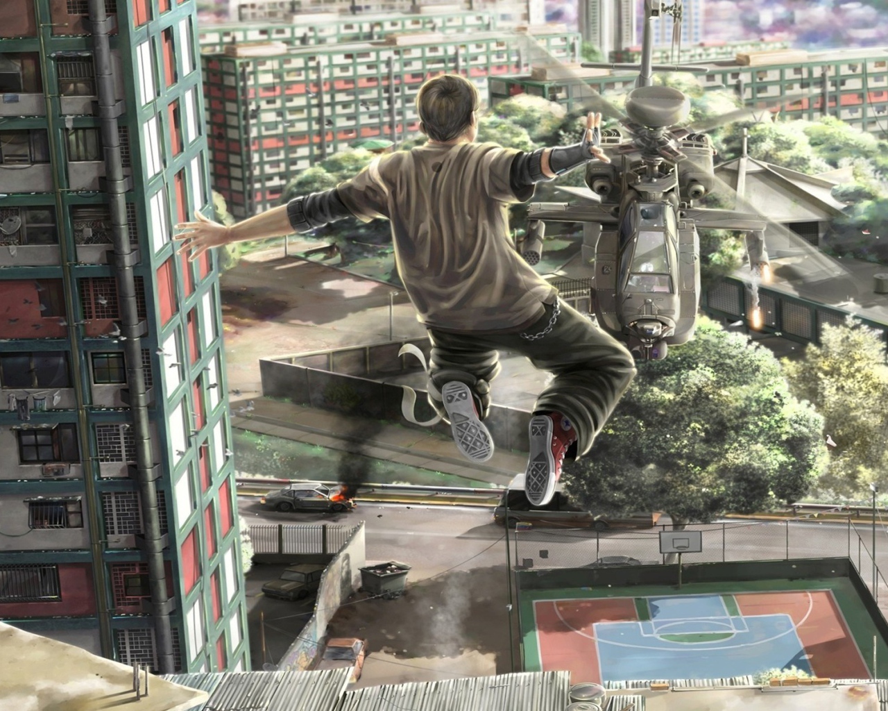 Паркурщик прыгает на вертолет