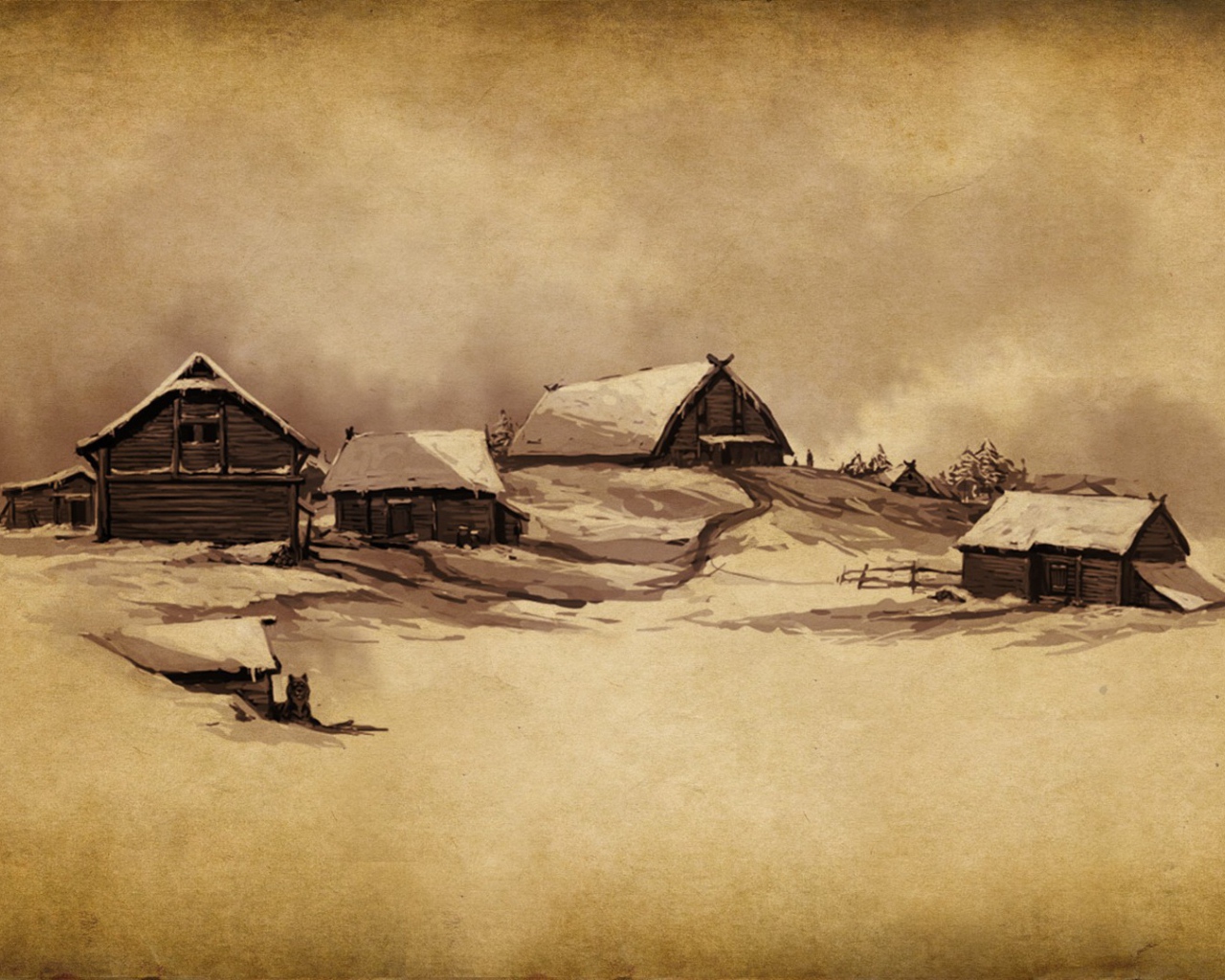 Деревенский пейзаж, рисунок