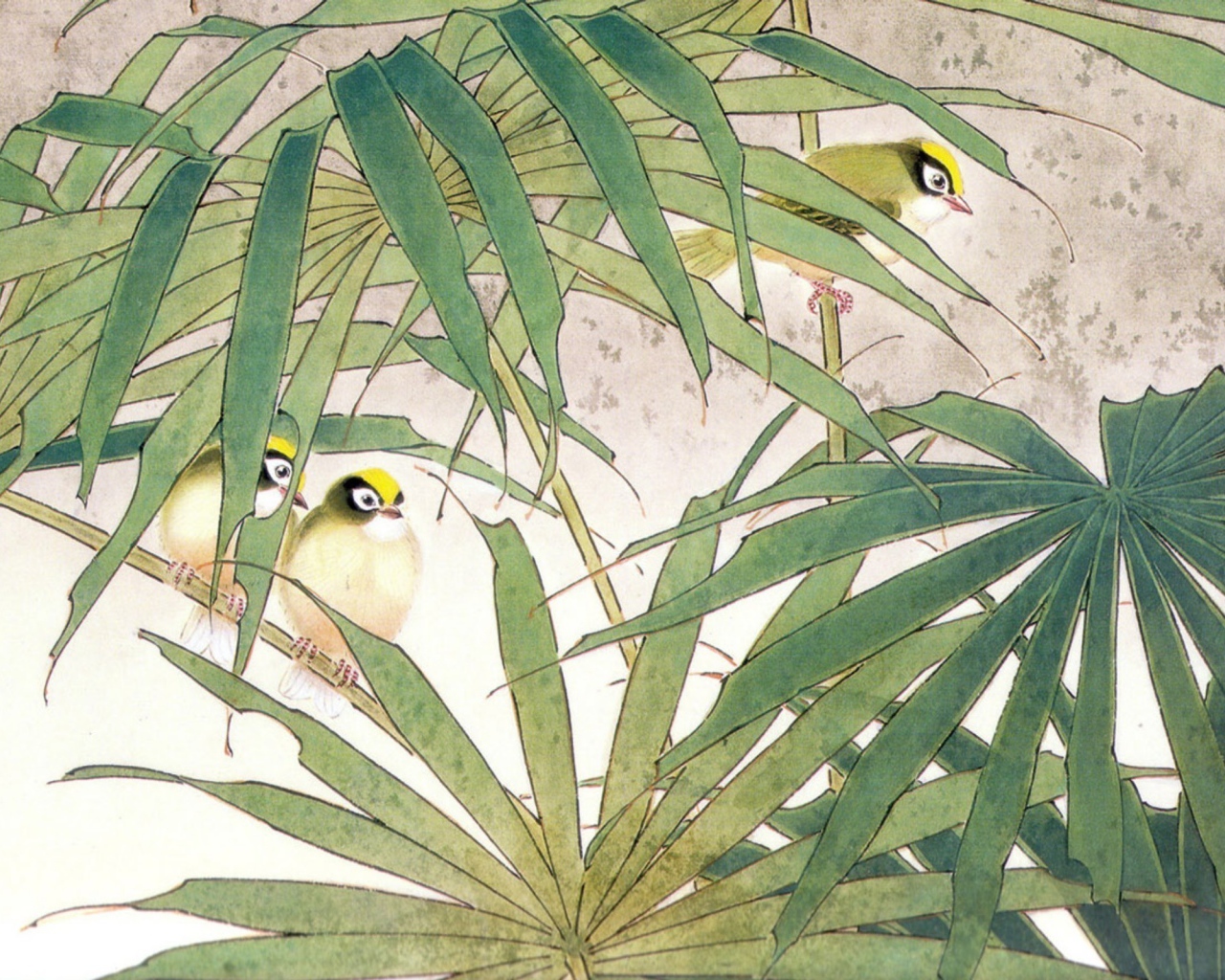 Семья птиц в зарослях, японская живопись