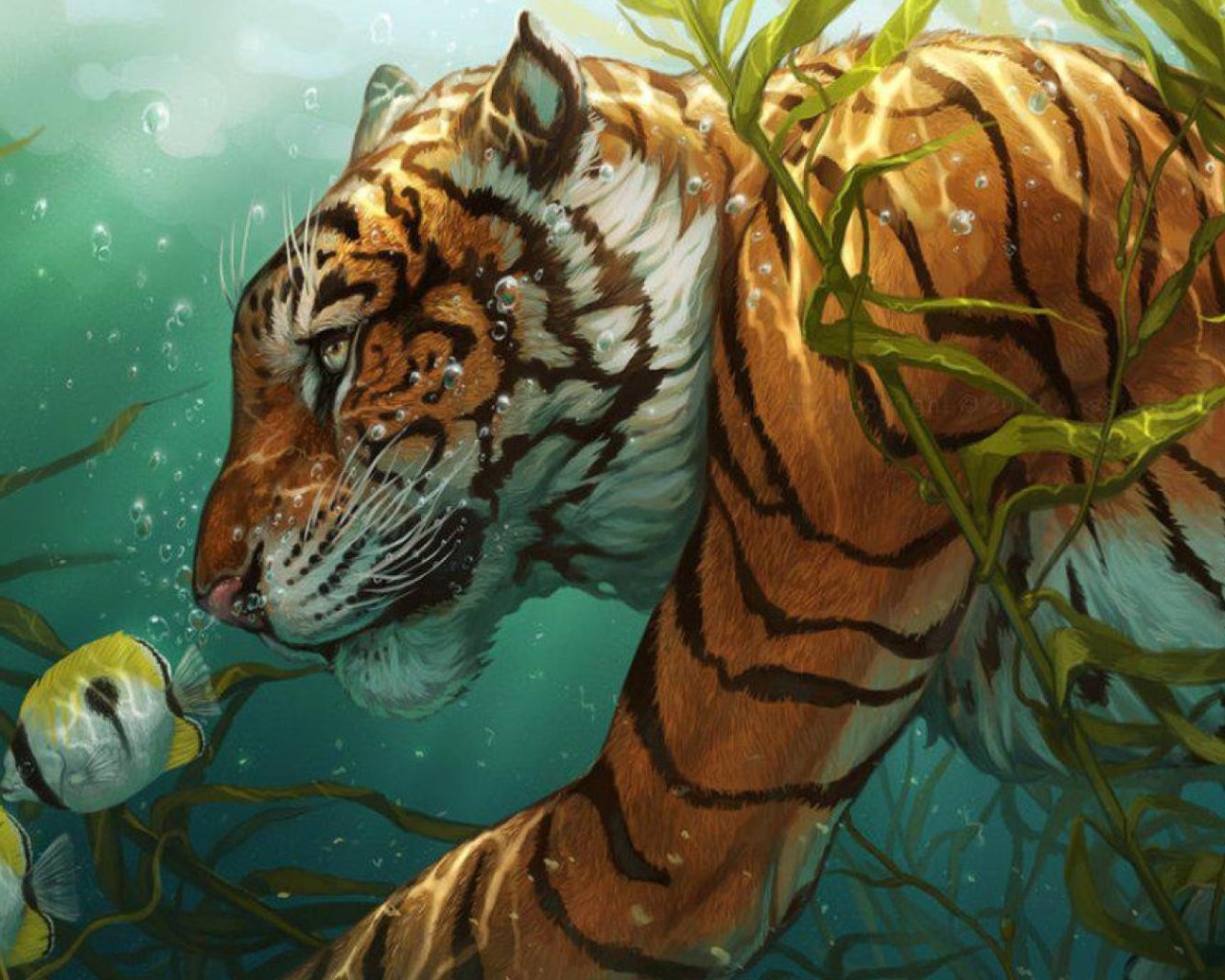 Тигр охотится на рыб