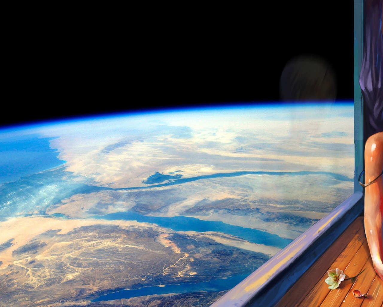 Девушка блондинка смотрит в окно на Землю