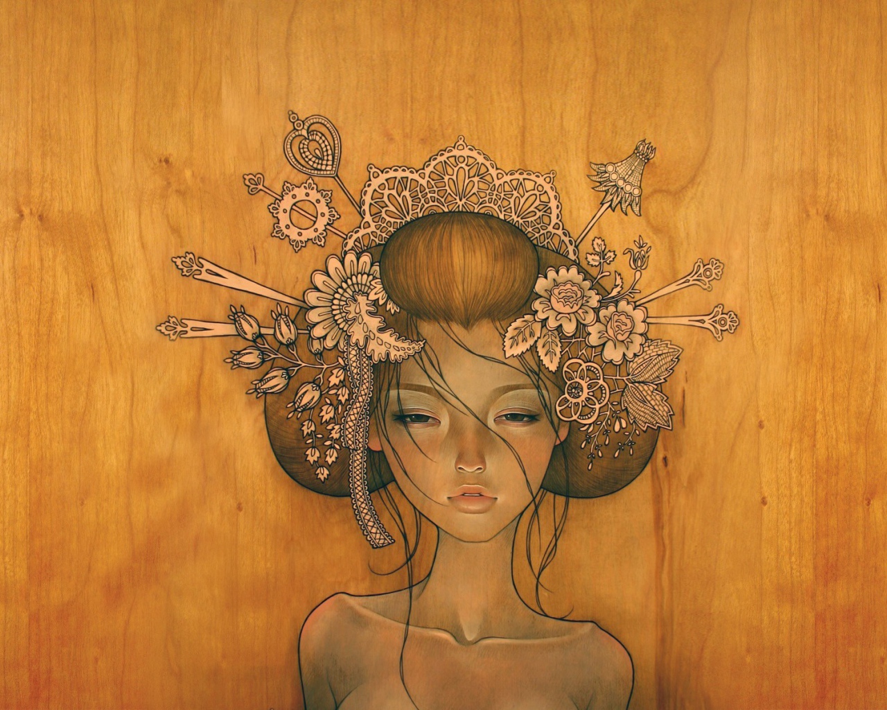 Девушка нарисованная на деревянной поверхности