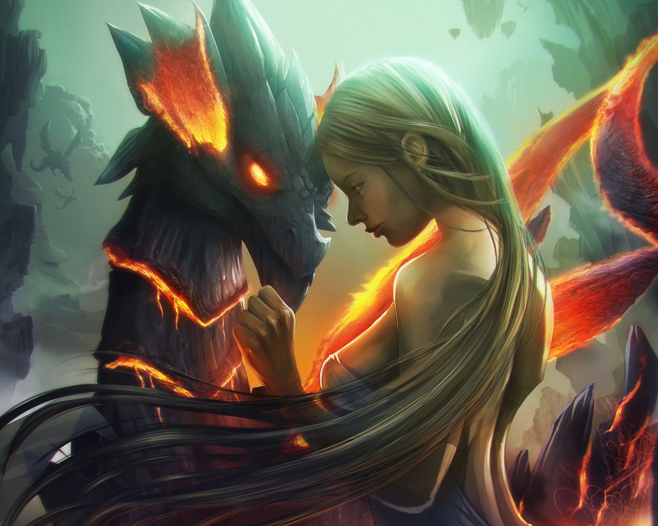 Длинноволосая девушка и дракон