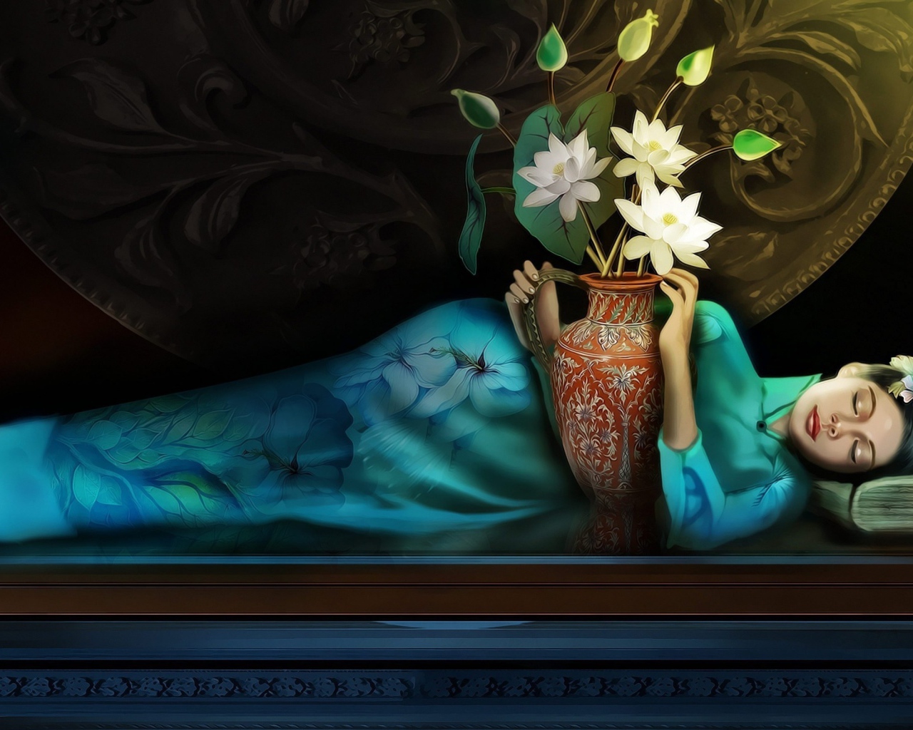 Девушка спит в обнимку с вазой