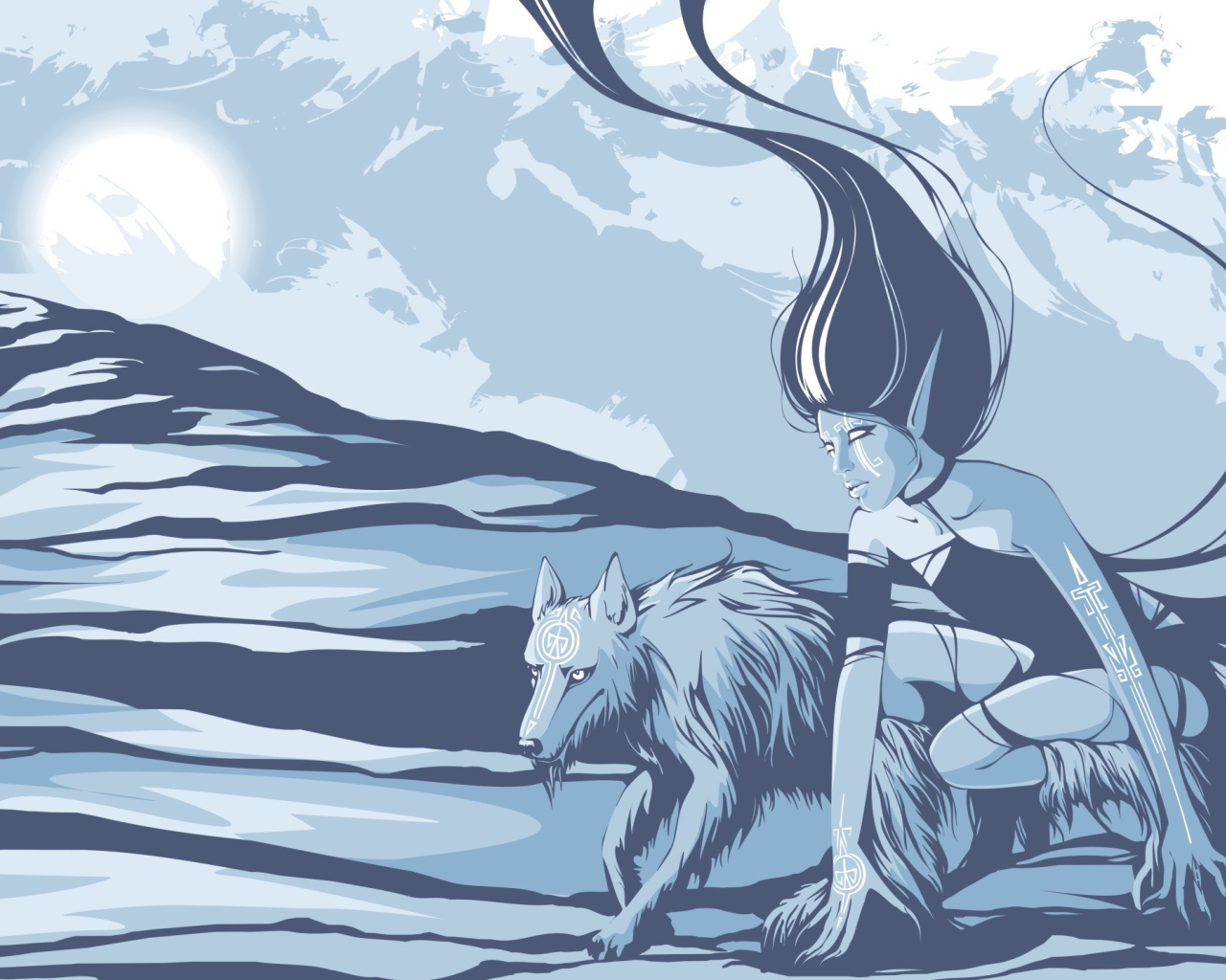 Девушка и волк в горах