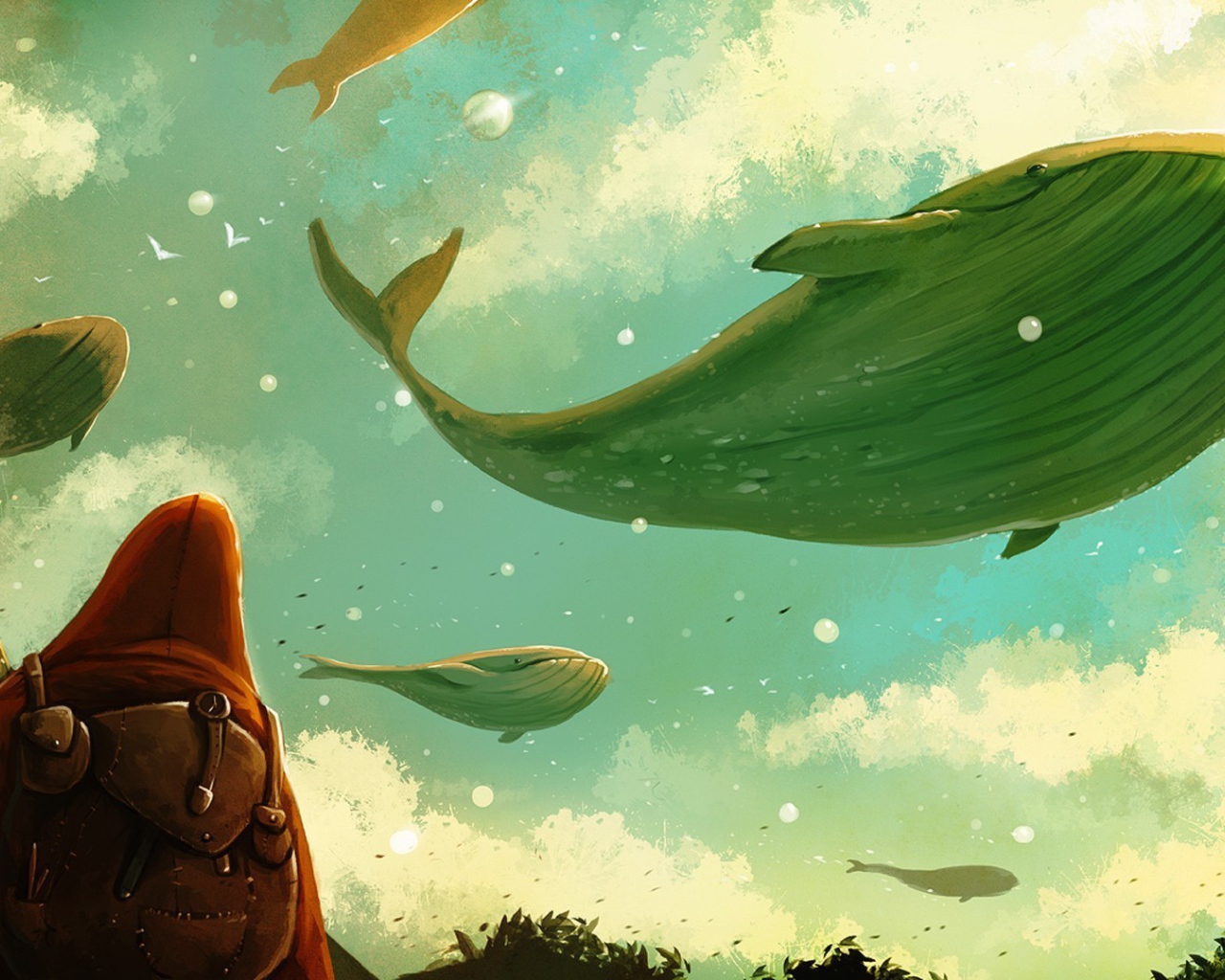 Стая китов пролетает в небе