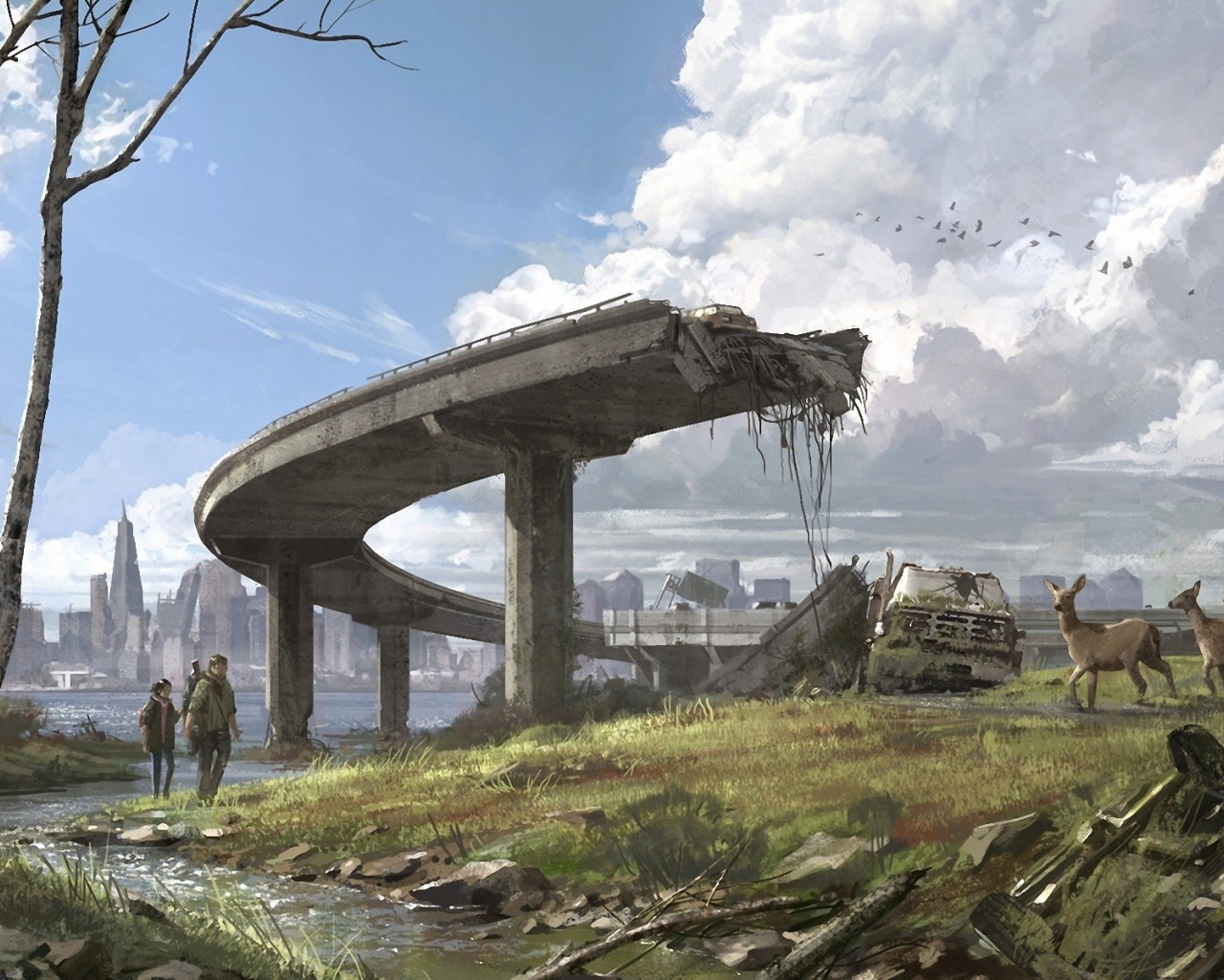 Стадо оленей у руин эстакады