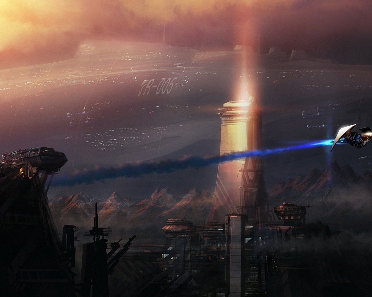 Огромный космический корабль над горами