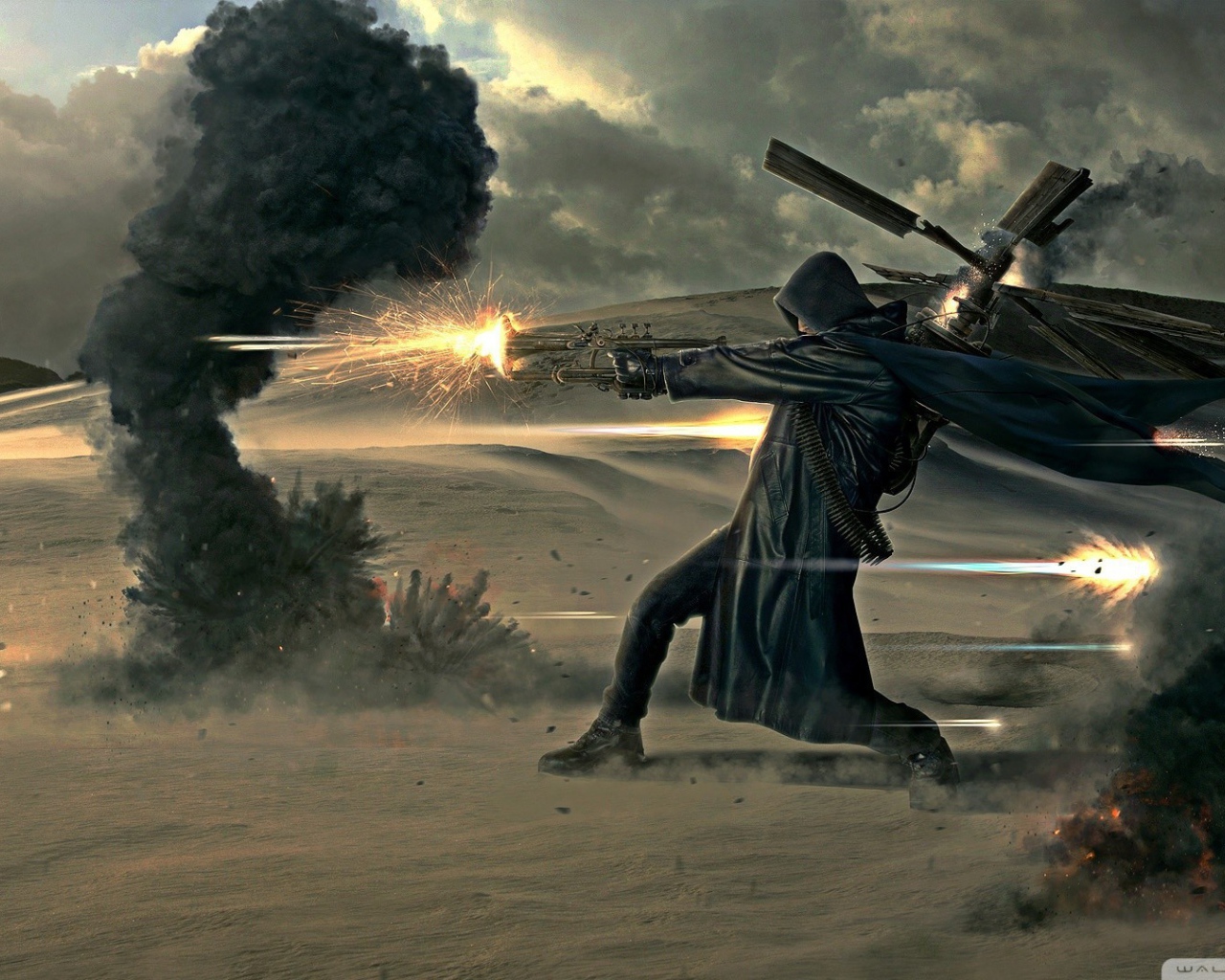 Солдат в черном плаще стреляет из оружия