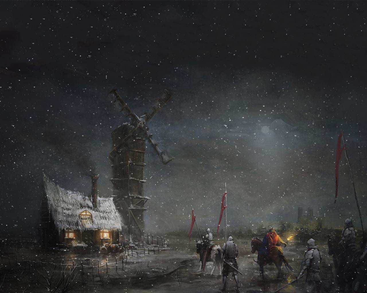 Отряд солдат у ветряной мельницы