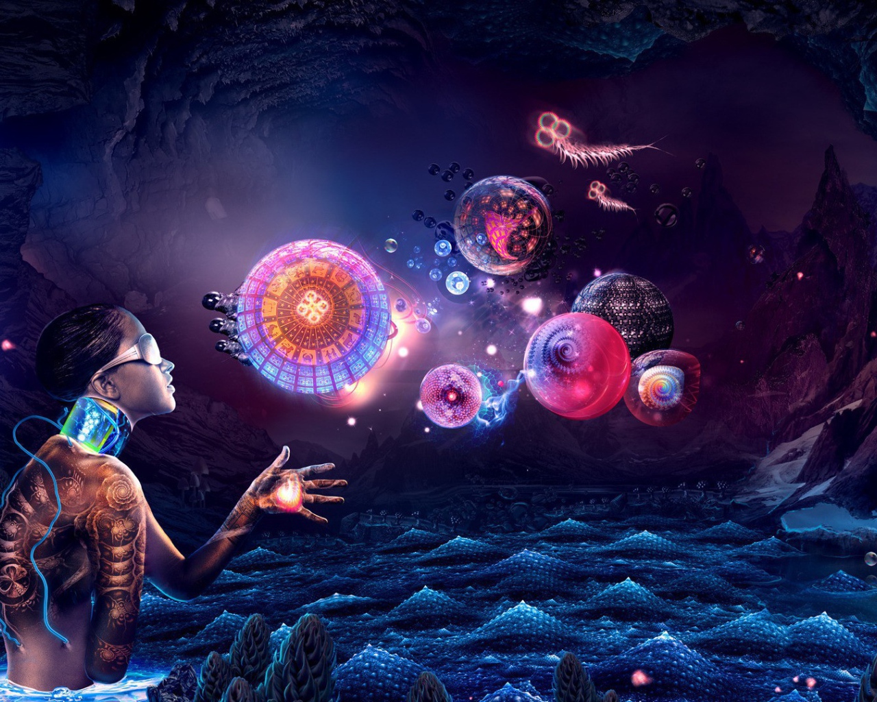 Андроид смотрит на абстрактные сферы