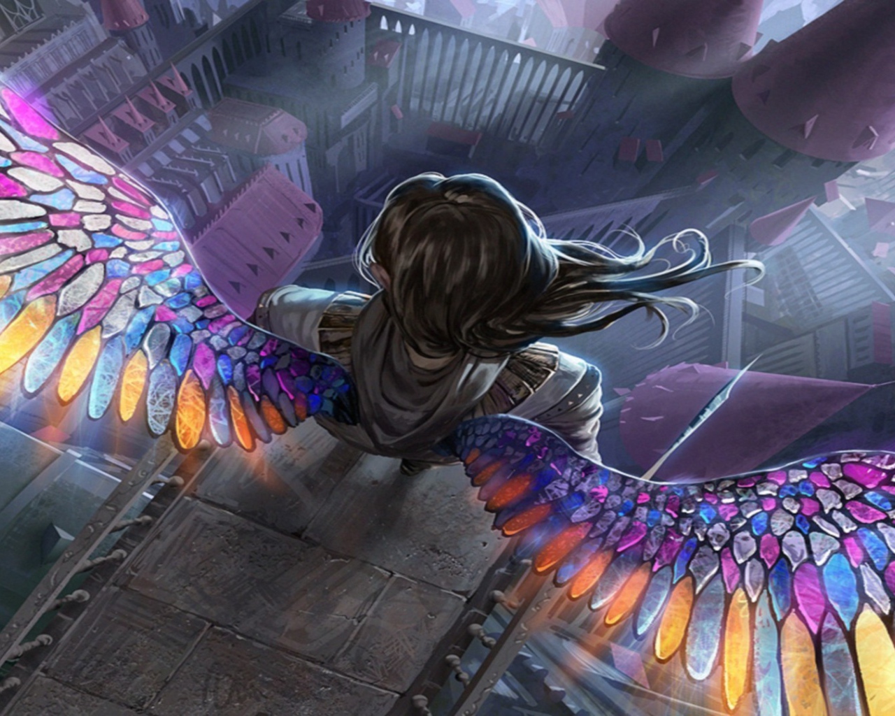 Ангел с радужными крыльями на краю