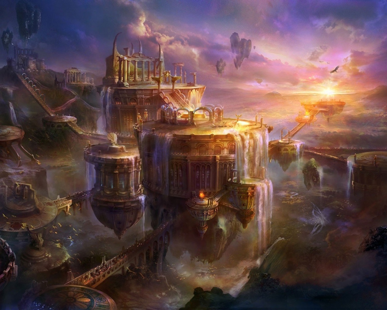 Искусственные водопады в фэнтези городе