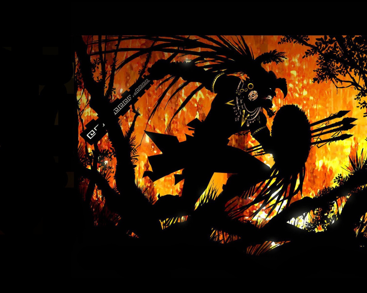 Воин ацтек в горящем лесу