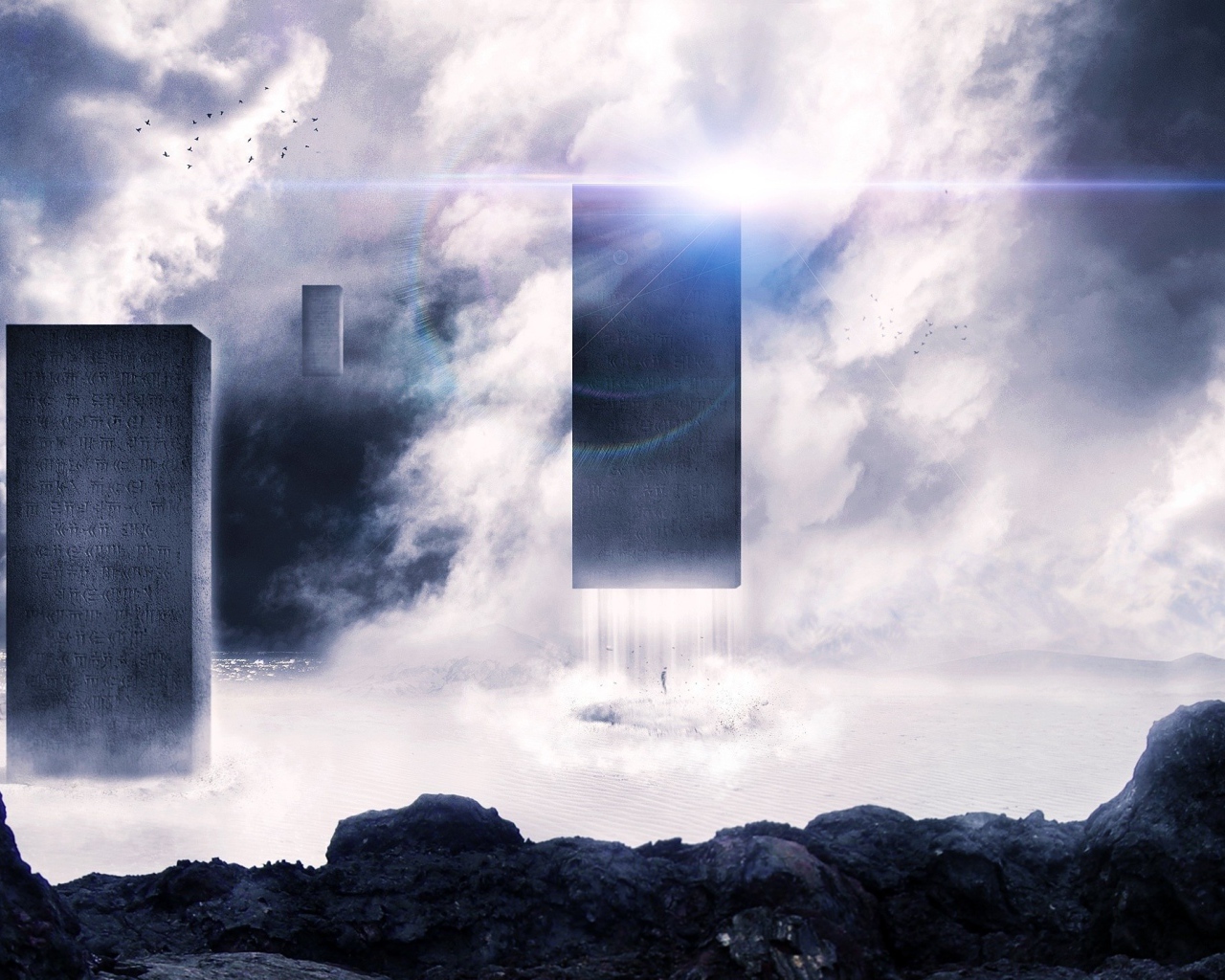 Блоки с надписями парят в воздухе