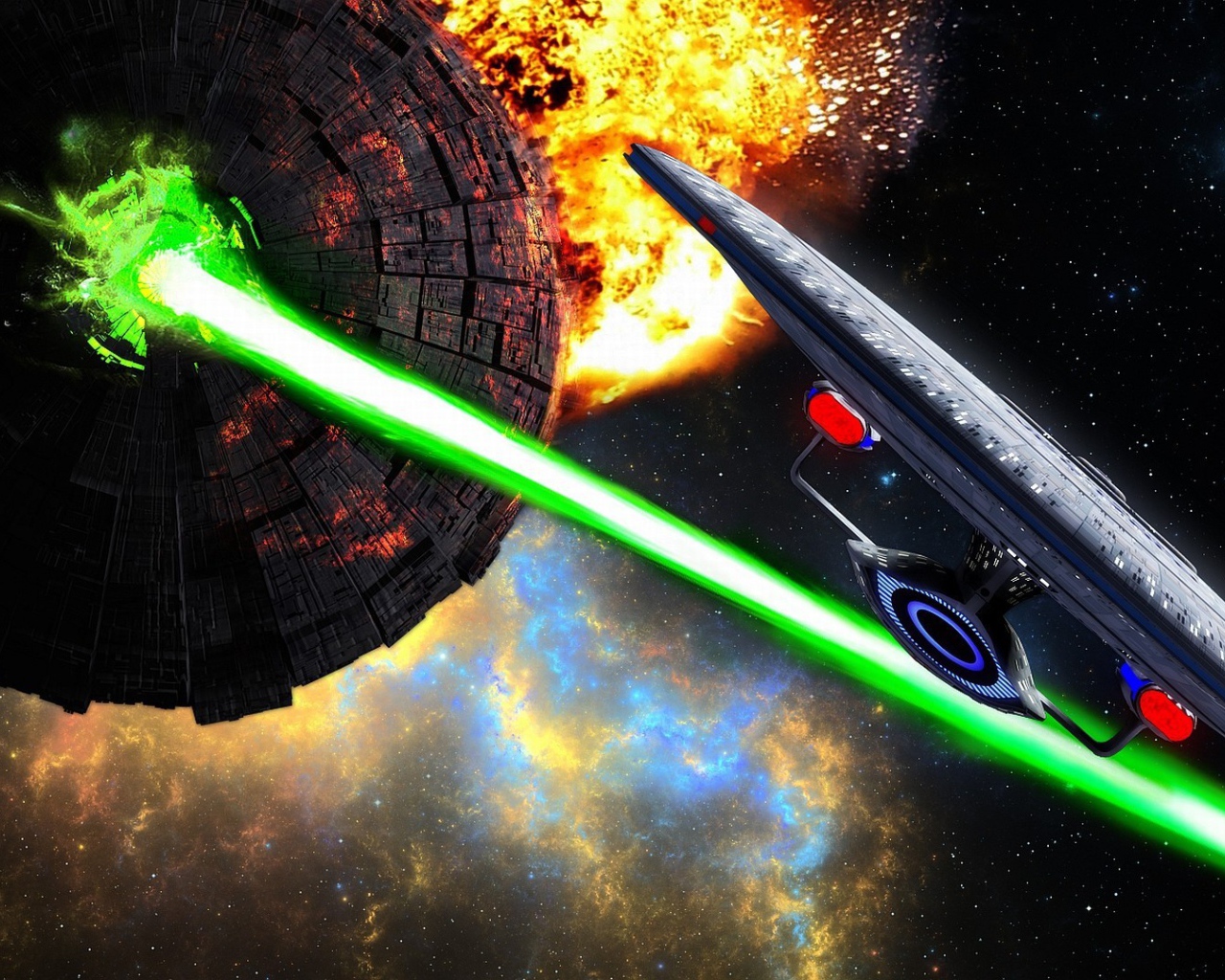 Удар луча зеленого лазера в космосе