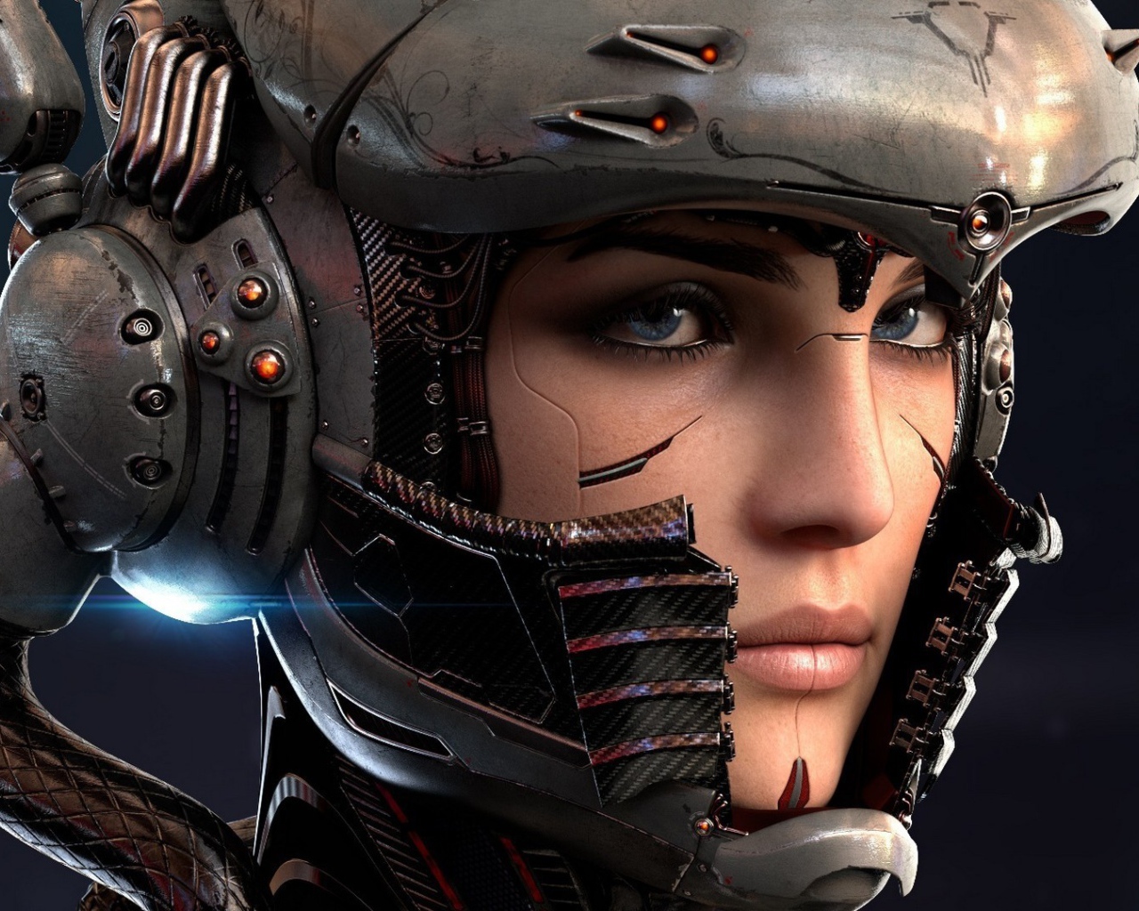 Голубоглазая девушка киборг в шлеме