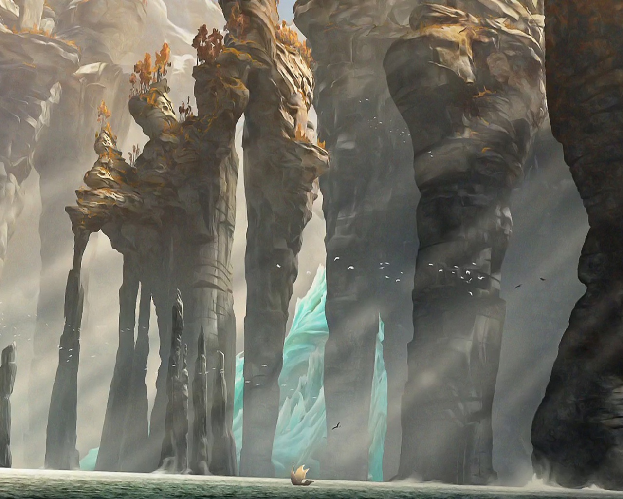 Лодка у подножия каменных столбов