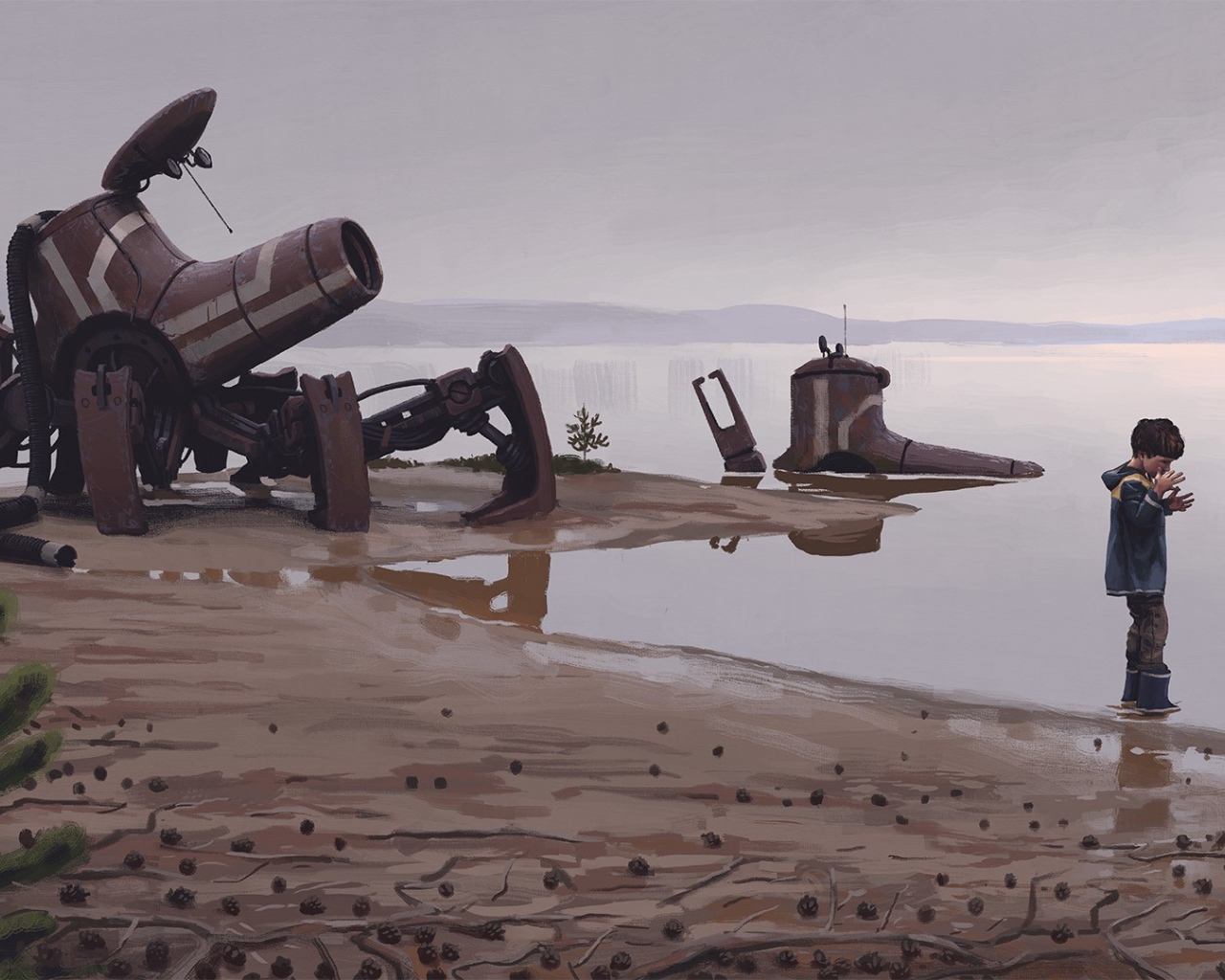 Мальчик возле обломков робота на берегу